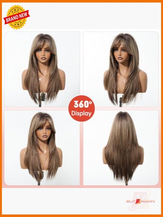 Long Straight Human Hair Wig with Bangs Heat Resistant Natural Look Daily Wear